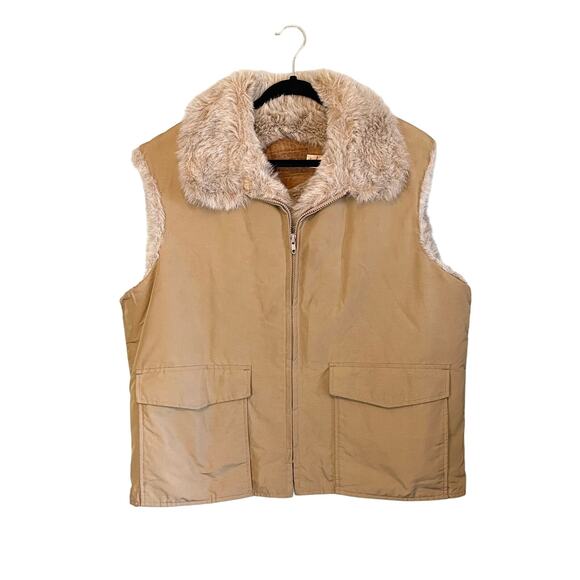 Vintage Woolrich Tan Lined Outerwear Faux Fur Collared Front Zip Vest Size XL - Picture 1 of 10